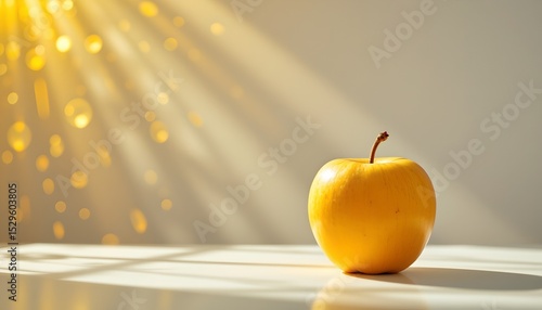 a ripe yellow apple, skin glistening like polished amber, stands out against a stark white background, bathed in celebration, a cascade of sunlit gold tones spills from an unseen window