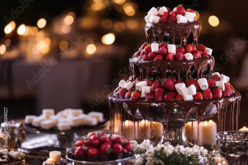 Elegant chocolate fountain with strawberries and marshmallows display