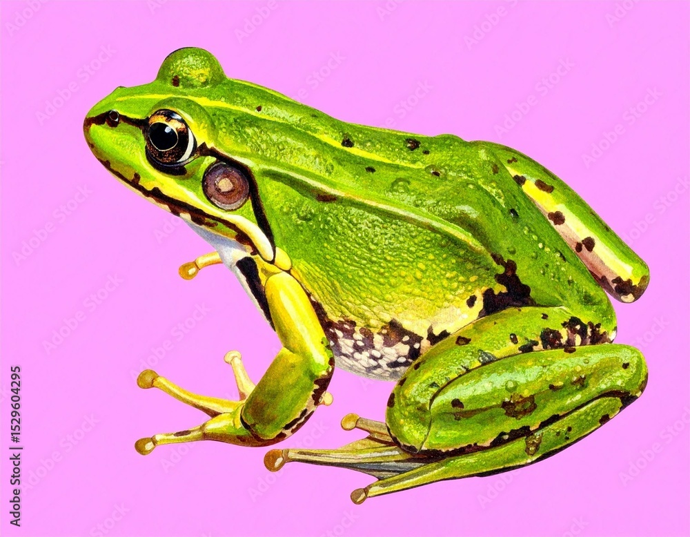 Obraz premium Vibrant Green Frog Posing on Pink Background Detailed Illustration of Amphibian Wildlife