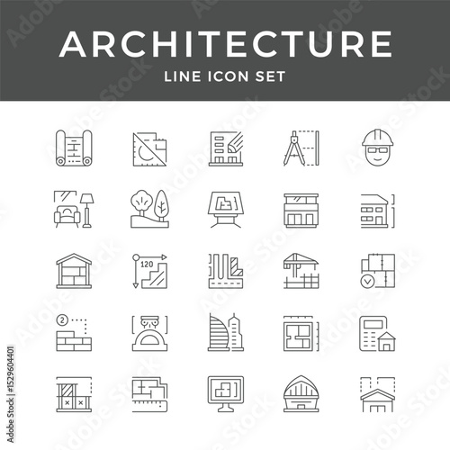 Architectural Line Icon Set Blueprint Design Building Construction Home House Plan