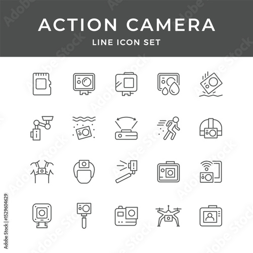 Action Camera Icons Set: Versatile Line Art Graphics for Adventure, Sports, and Extreme Activities