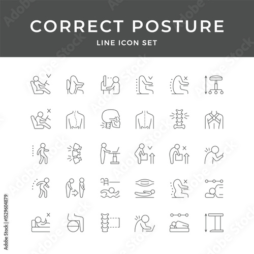 Correct Posture Line Icons Set for Ergonomic Wellness and Spine Health