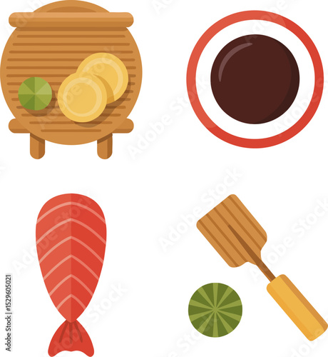 Sushi set vector illustration japanese food with rice fish nori soy sauce and knife for restaurant 100 editable stock vector illustration