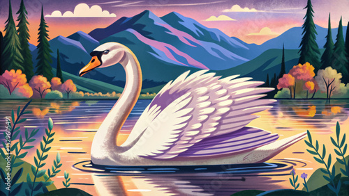 Elegant swan gliding over a misty lake in a serene morning atmosphere ideal for nature, wildlife, tranquility, romance, and peaceful landscape designs