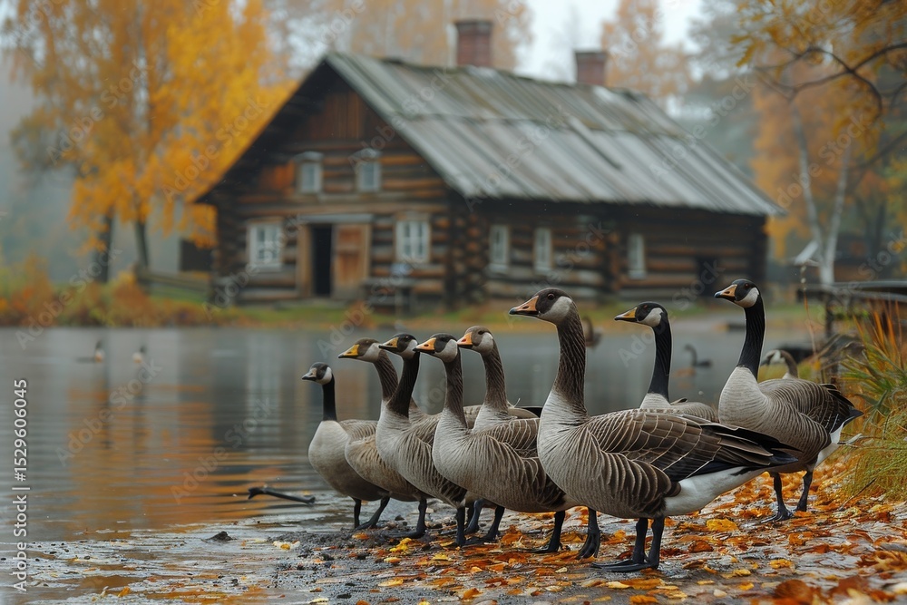 Fototapeta premium Geese gather by a tranquil pond near a rustic wooden cabin surrounded by autumn foliage in a misty landscape