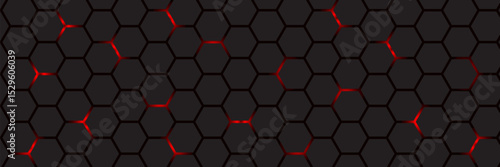 Abstract dark hexagon pattern on red neon background technology style. Modern futuristic geometric shape web banner design. You can use for cover template, poster, flyer, print ad. Vector illustration