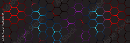 Abstract dark hexagon pattern on red neon background technology style. Modern futuristic geometric shape web banner design. You can use for cover template, poster, flyer, print ad. Vector illustration