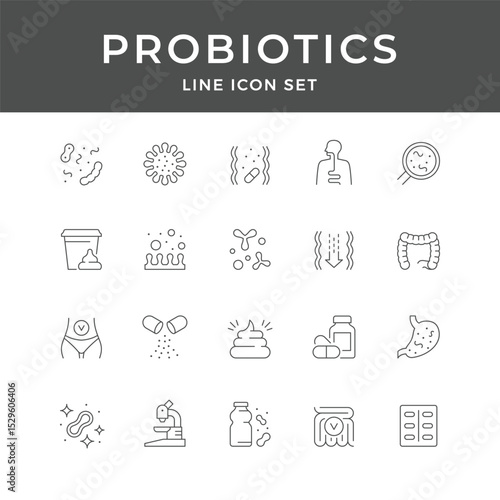 Probiotics Line Icon Set Gut Health Digestion Microbiome Bacteria Supplement Wellness
