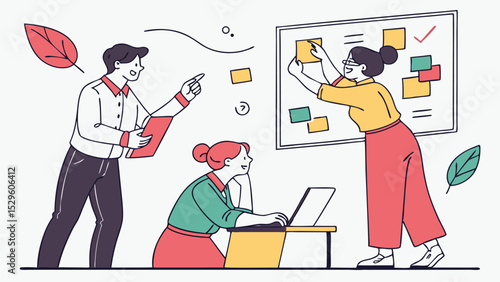 Team Collaboration: A team of colleagues engage in a collaborative brainstorming session, creating a visual roadmap for project success, with focus and productivity.