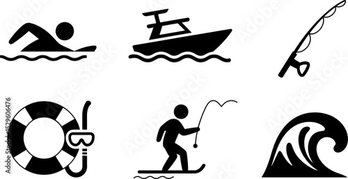 Summer water sports icons set swimming boating fishing diving surfing wave vector illustration 100 editable stock vector illustration