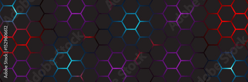 Abstract dark hexagon pattern on red neon background technology style. Modern futuristic geometric shape web banner design. You can use for cover template, poster, flyer, print ad. Vector illustration