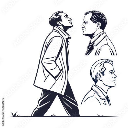 A stylish man strolling, viewed from different angles, showcasing his attire and posture