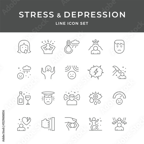 Stress and Depression Line Icon Set | Adjustable Stroke Style | Anxiety, mental health, wellness, healthcare, psychology, sadness, emotions, anger, help, heartbreak, icons