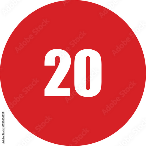 Vector illustration of a red circular speed limit sign with bold white “20” text, representing a 20 km/h maximum speed. Suitable for road safety graphics, driving instructions, transportation signal