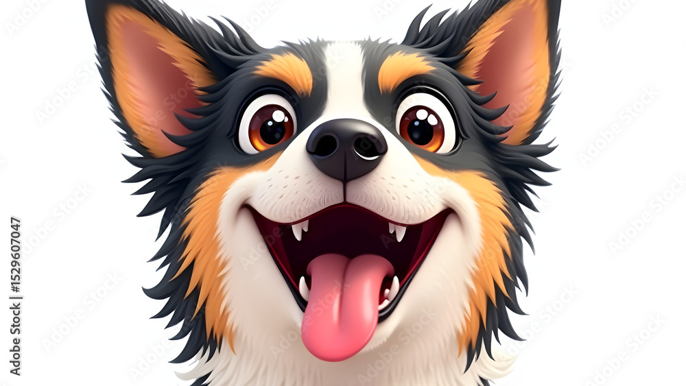 Fototapeta premium Happy dog with wide eyes and mouth open, displaying a playful and joyous expression. The dog has a mix of black, white, and brown fur, with its tongue sticking out exuberantly