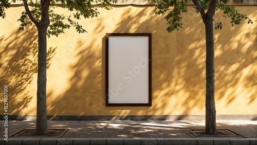 Blank vertical billboard on yellow wall with tree shadows