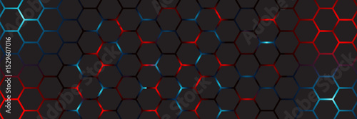 Abstract dark hexagon pattern on red neon background technology style. Modern futuristic geometric shape web banner design. You can use for cover template, poster, flyer, print ad. Vector illustration