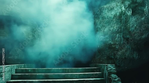 Stone steps lead to a misty cave entrance. Cliffs rise above water below