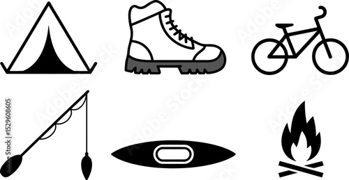 Outdoor adventure camping hiking fishing biking kayaking bonfire equipment vector icons set design editable stock vector illustration