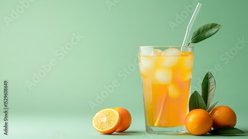 An up-close view of  A bright green backdrop with a large text space a glass of kumquat cold tea with a straw and kumquat fruits, Generative AI.