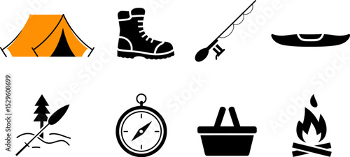 Camping hiking outdoor adventure gear equipment vector icons set tent boot compass fishing kayak bonfire 100 editable stock vector illustration