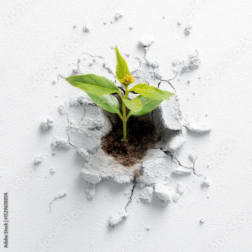 A resilient green plant growing through cracked concrete.