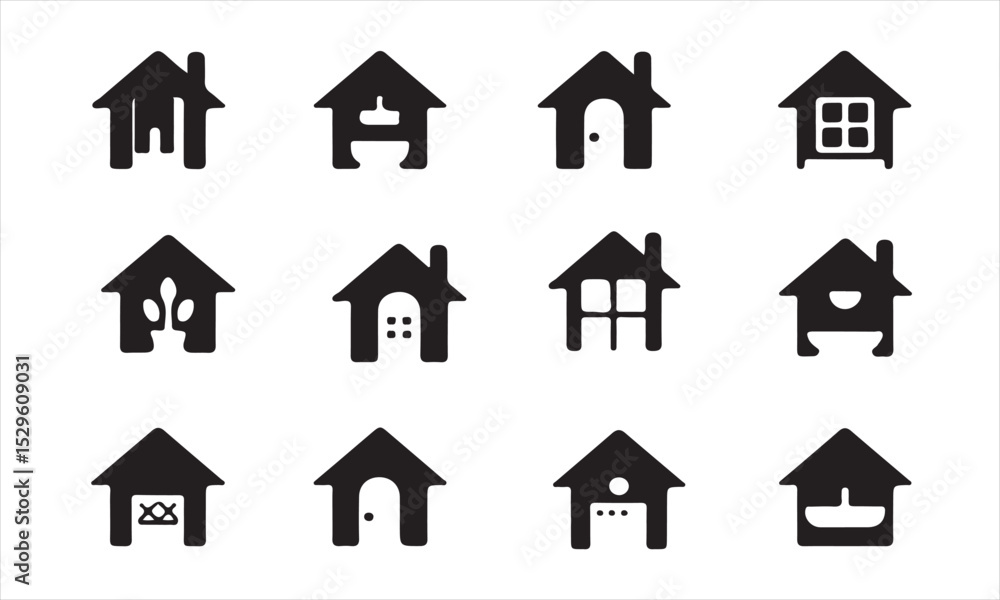 Fototapeta premium A set of twelve simple, black silhouette icons of houses with various architectural details, house icon, home icon, building icon, real estate icon, property icon, architecture icon, silhouette, black