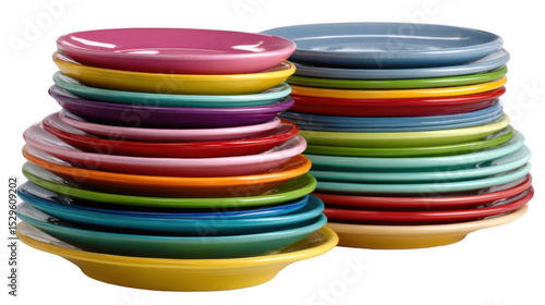 Two stacks of colorful dessert plates creating a vibrant and cheerful display on a transparent background, perfect for showcasing a variety of treats or adding a pop of color to any kitchen