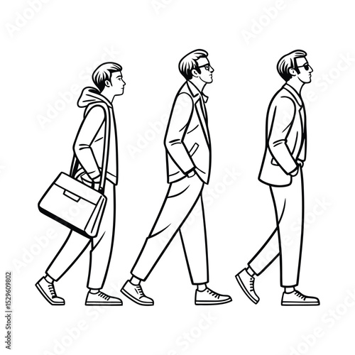 Three men walking in a line, showcasing a progression of style and sophistication from casual to formal business attire.
