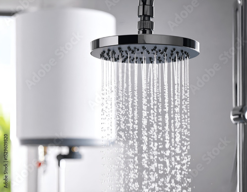 Water Falling from Rain Shower Head with Electric Water Heater as Background