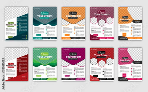 A4 Travel Flyer template design set with colorful business proposal, promotion, advertise, publication, cover.