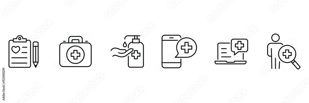 Medical communication report sanitizer diagnosis consultation first aid analysis telehealth search record icon vector illustration outline set. Medical communication report sanitizer diagnosis consultation first aid analysis telehealth search record icon vector illustration outline set.