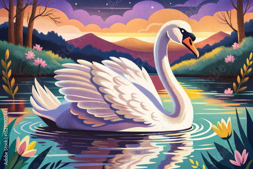 Elegant swan gliding over a misty lake in a serene morning atmosphere ideal for nature, wildlife, tranquility, romance, and peaceful landscape designs