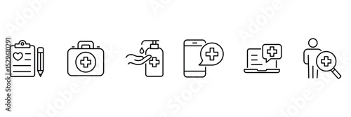 Medical communication report sanitizer diagnosis consultation first aid analysis telehealth search record icon vector illustration outline set.