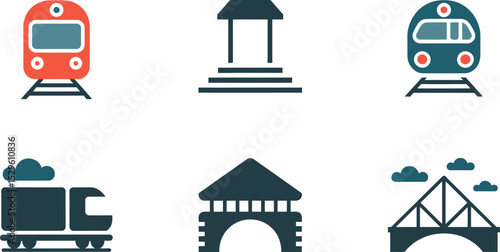 Trains bridges transportation railway vector graphic icons set travel tourism journey railroad station 100 editable stock vector illustration
