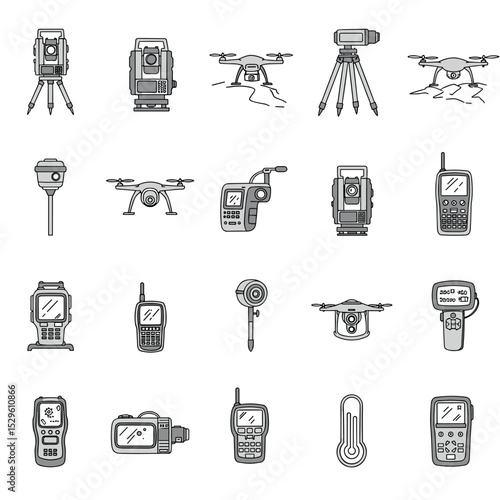 A collection of cartoon style black and white geodetic and survey icons