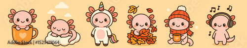 Cute kawaii axolotl characters in seasonal outfits: in cup, on cloud, unicorn costume, with leaves, winter clothes, and headphones. Perfect for kids and seasonal projects
