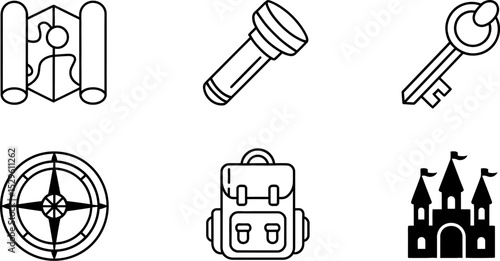 Vector adventure treasure hunt map compass backpack flashlight key castle icons for game design and travel editable stock vector illustration