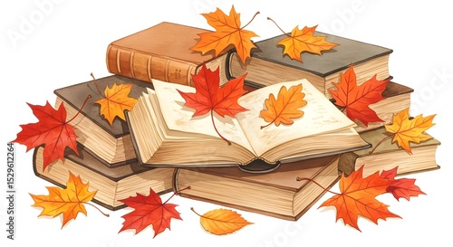 積まれた本と楓の葉