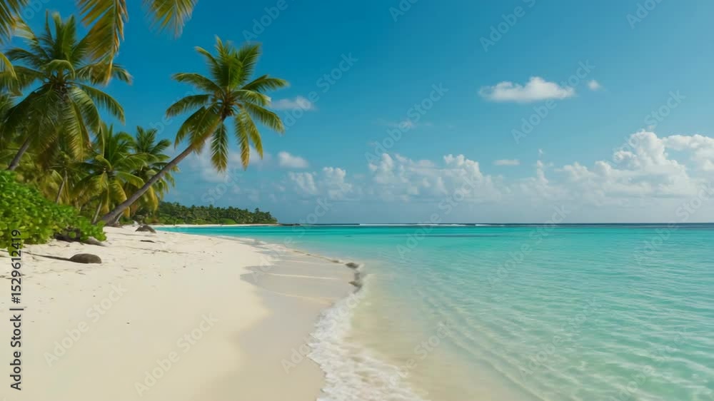 Tropical beach with palm trees and clear turquoise water under blue sky Tropical beach with palm trees and clear turquoise water under blue sky