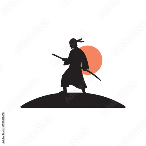 Lone Samurai Silhouette with Katana at Sunset Vector Illustration on White Background.