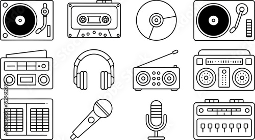 Retro music equipment vector illustration set vintage audio devices collection turntable cassette radio headphones editable stock vector illustration