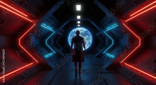 3D Rendering Man Silhouette Planet Earth in Futuristic Spaceship