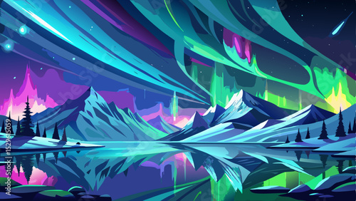 Spectacular view of the Northern Lights (Aurora Borealis) in Norway, illuminating the winter sky with vibrant green and purple colors