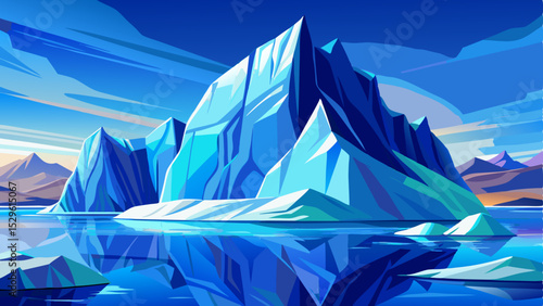 Stunning view of a massive iceberg with vibrant blue ice and a perfect reflection on the calm, cold waters of Antarctica. Scenic polar landscape in the Antarctic Peninsula under a clear sky