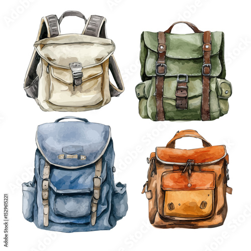 Backpacks, watercolor illustration vector, high quality, isolated on a white background.