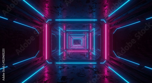3D Rendering of a Neon Tunnel with Futuristic Glowing Lights