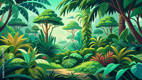 Watercolor illustration of a lush green jungle landscape in retro or vintage style, featuring dense tropical plants, exotic foliage, and soft artistic textures.