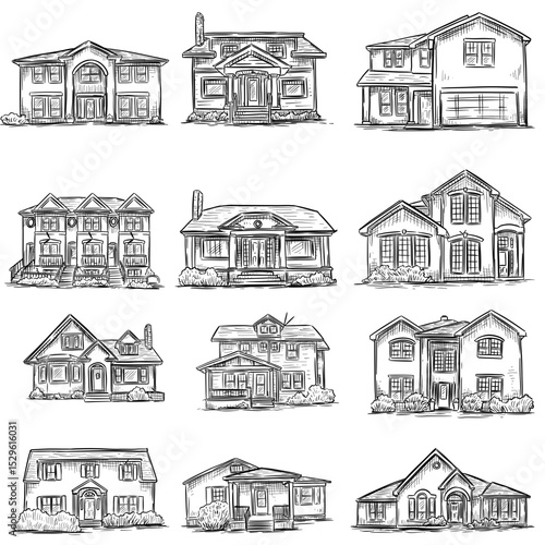 Wallpaper Mural Set of hand-drawn illustrations of American luxury homes Torontodigital.ca