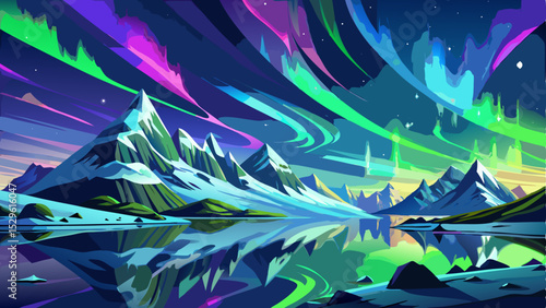 Spectacular view of the Northern Lights (Aurora Borealis) in Norway, illuminating the winter sky with vibrant green and purple colors